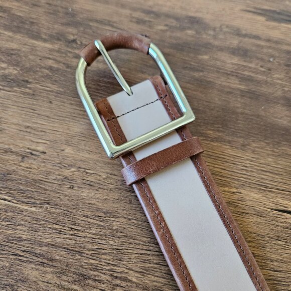 Leather Brown Camel Wide Gold Buckle Classic Minimalist Statement Belt L/XL - Picture 3 of 7